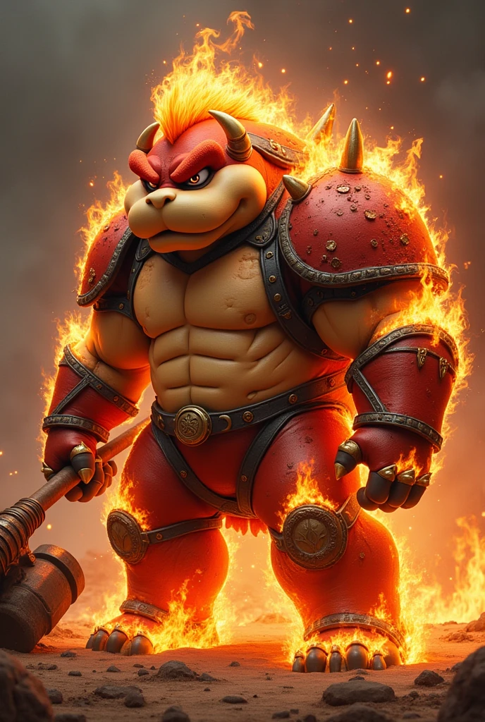 BOWSER WITH A FIRE ARMOR THAT COVERS HIS ENTIRE BODY WITH A HAMMER