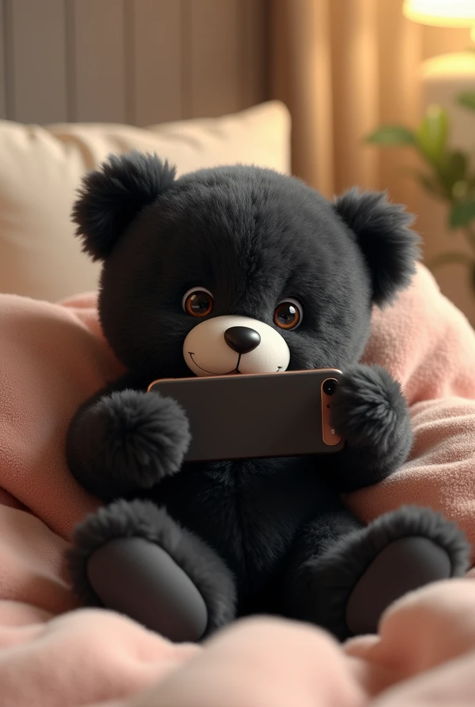 A black teddy bear taking a selfie