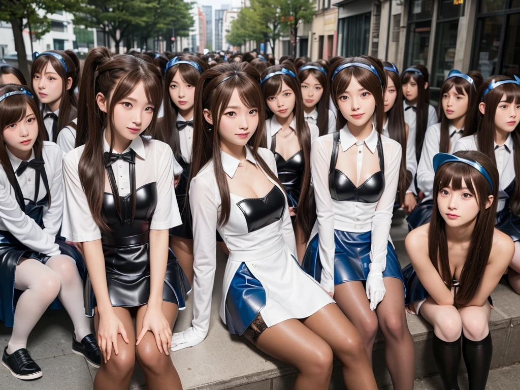 (((Clone Art、Very detailed depiction of a female avatar、8k)))、Realistic、((20-year-old))、((Japanese girls))、Beauty、woman、((Bronze maid outfit、The skirt is brown、White Pantyhose、Black leather shoes、Hair in a ponytail、smile: 1.9))、Beautiful Skin、Big Breasts、Full cleavage、Full breasts、J-Cup、((There are many cloned humans who have the exact same face and body shape as the meid girls: 1.6))、Surrounded by girls who are clones、Tens of thousands of girls、Standing、sitting、crowd、Group、Intensive、top view