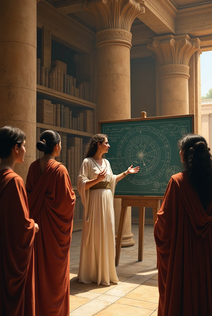 Hypatia teaching astronomy in the Library of Alexandria, with a large chalkboard displaying algebraic equations and an astronomical model of the solar system. The setting reflects the ancient Egyptian influence with grand columns and scrolls."