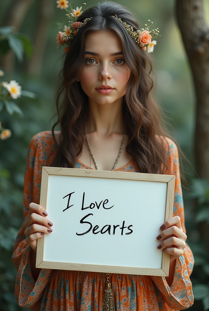 Beautiful girl with wavy long hair, bohemian dress, holding a white board with text "I Love Seaart Infinity" and showing it to the viewer