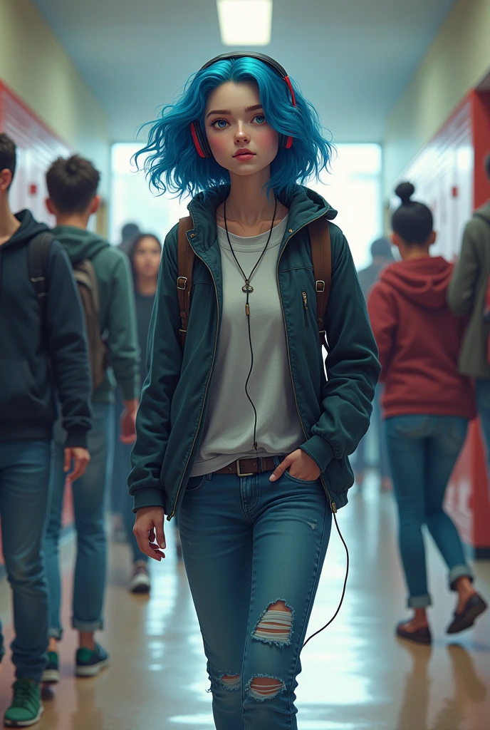 A 17-year-old girl with medium blue hair who likes rock, I was walking down the hallway of my school listening to music on my headphones.