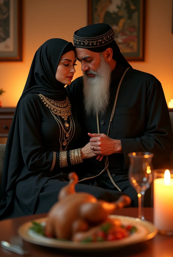 Hijabi fatima al zarah sitting on the lap of a Muslim maulana , woman is wearing black Kurtis and many jewelleries, service chicken, candel light dinner