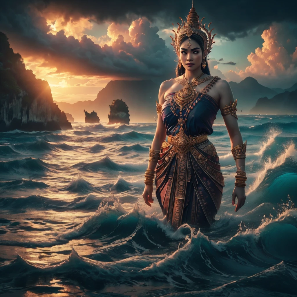 a gigantic traditional Thai female titan with fang, walking in the sea, dress in Thai ancient traditional cloth, big intricate gold belt, half of her body up from the ocean, no headdress, lime stone island, beautiful detailed eyes, beautiful detailed lips, long eyelashes, extremely detailed anatomy, hyper realistic, 8k, photorealistic, cinematic lighting, dramatic lighting, volumetric fog, atmospheric, moody colors, vibrant colors, saturated colors, beautiful ocean landscape, waves, water splashing, dramatic sky, epic, cinematic, dramatic composition
