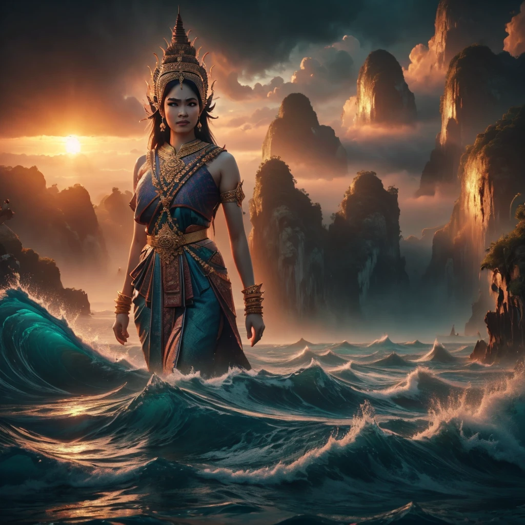 a gigantic traditional Thai female titan with fang, walking in the sea, dress in Thai ancient traditional cloth, big intricate gold belt, half of her body up from the ocean, no headdress, lime stone island, beautiful detailed eyes, beautiful detailed lips, long eyelashes, extremely detailed anatomy, hyper realistic, 8k, photorealistic, cinematic lighting, dramatic lighting, volumetric fog, atmospheric, moody colors, vibrant colors, saturated colors, beautiful ocean landscape, waves, water splashing, dramatic sky, epic, cinematic, dramatic composition