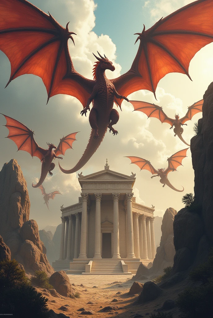 100 Dragons, huge wings, sharp claws, flying over the temple of Hera