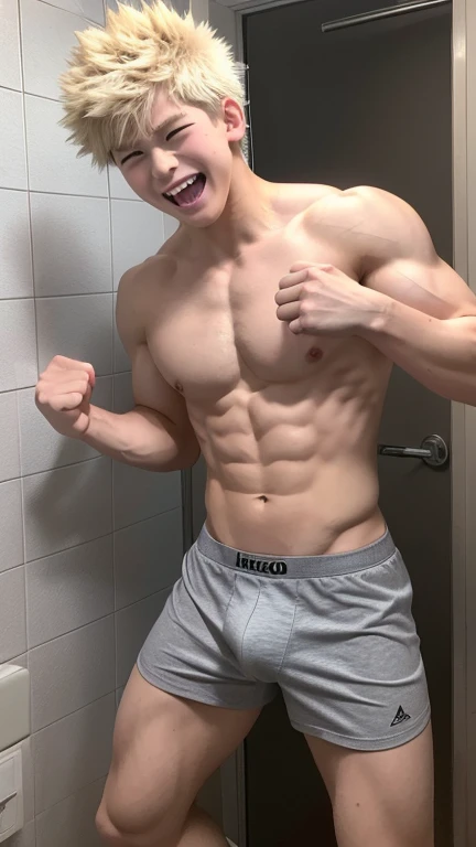 Japanese high school boy、、Well-developed muscles and smooth skin、Pale blonde hair, spiky like Bakugou、Light grey boxer briefs、The whole body is visible from toes to head、Fist pump in the bathroom、Hero Academy、He laughed fearlessly, showing his teeth.