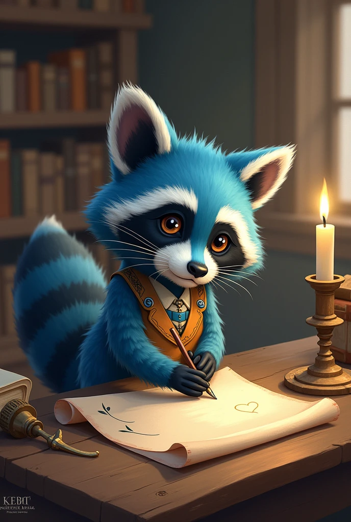 Blue raccoon writing