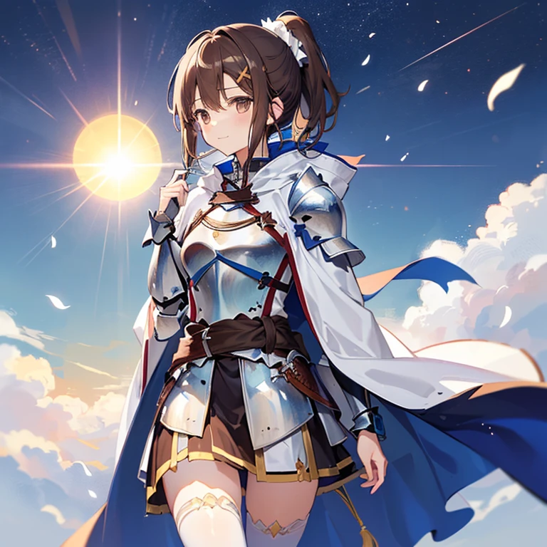 Asuna, Asuna_(Star), (1 girl,alone) ,fantasy, High resolution, No. 19,  The original, (Worn in a sheath around the waist:1.3), Smile, (white knight wizard cloak:1.55), short hair, Medium breasts, looking at the audience, Bangs ,Delicate hazel eyes, Beautiful background, ((morning sun,Western style box)), Put your hands on your chest,(brown hair,short ponytail:1.5), (Platinum Knight Wizard Full Armor:1.55),short hair, Permanent,direct, Abeke,(whole body:1.1), white stockings,(Abeke:1.4),