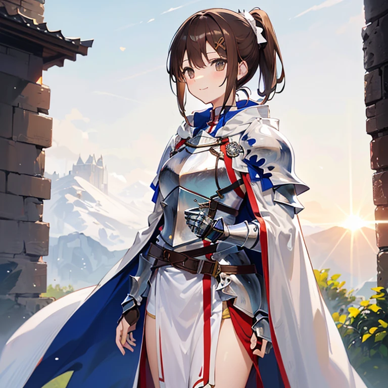 Asuna, Asuna_(Star), (1 girl,alone) ,fantasy, High resolution, No. 19, The original, (Worn in a sheath around the waist:1.3), Smile, (white knight wizard cloak:1.55), short hair, Medium breasts, looking at the audience, Bangs ,Delicate hazel eyes, Beautiful background, ((morning sun,Western style box)), Put your hands on your chest,(brown hair,short ponytail:1.5), (Platinum Knight Wizard Full Armor:1.55),short hair, Permanent,direct, Abeke,(whole body:1.1), white stockings,(Abeke:1.4),