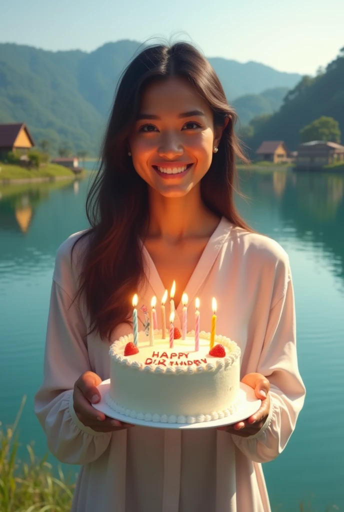 "A beautiful girl, Full body, holding a birthday cake with lit candles, standing near the stunning Lake Toba in Indonesia. The background features the lake's clear blue waters, surrounded by lush green hills and traditional Batak houses in the distance. The girl is smiling joyfully, and the sky is clear with soft sunlight. The cake has 'HAPPY BIRTHDAY CATHELYA' written on it in elegant lettering, and there are subtle decorations around the cake that match the natural setting."