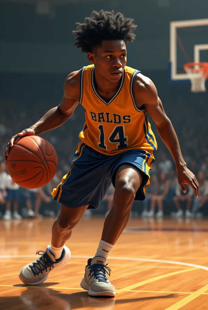 Black teenager basketball player with number A 14