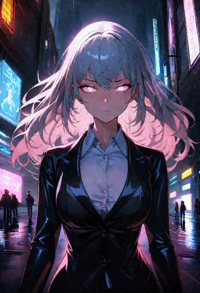 16K, HDR, Renesas Electronics, Ray Tracing, Natural Lighting, absurd, A masterpiece of the finest quality, Perfect anatomically detailed face, Delicate eyes, 1 Girl, Solitary, Wearing a suit, shirt, Top button open, Beautiful hair, extreme beauty, impatience, Cool, breath, windy, Glowing eyes, Serious expression, Dystopian City, Futuristic, Detailed background, The award-winning, Neon lights, Popular on Art Station