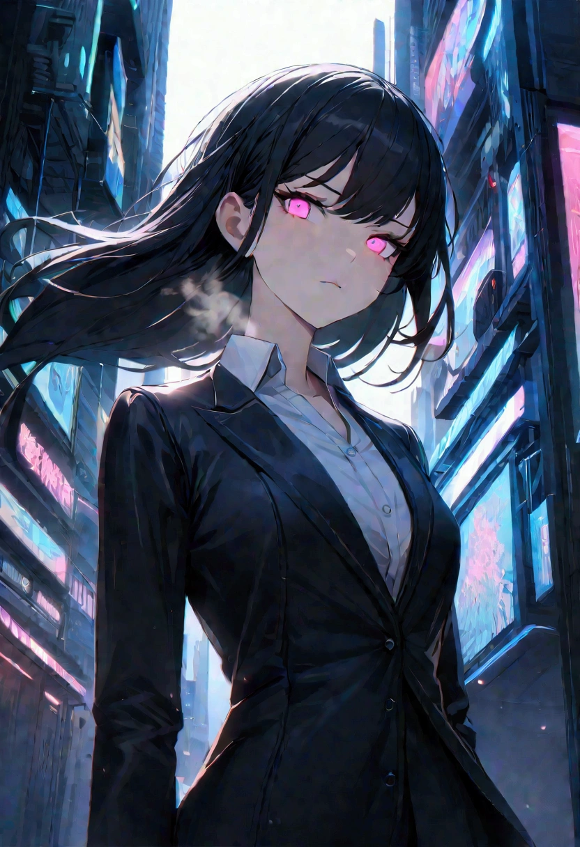 16K, HDR, Renesas Electronics, Ray Tracing, Natural Lighting, absurd, A masterpiece of the finest quality, Perfect anatomically detailed face, Delicate eyes, 1 Girl, Solitary, Wearing a suit, shirt, Top button open, Beautiful hair, extreme beauty, impatience, Cool, breath, windy, Glowing eyes, Serious expression, Dystopian City, Futuristic, Detailed background, The award-winning, Neon lights, Popular on Art Station
