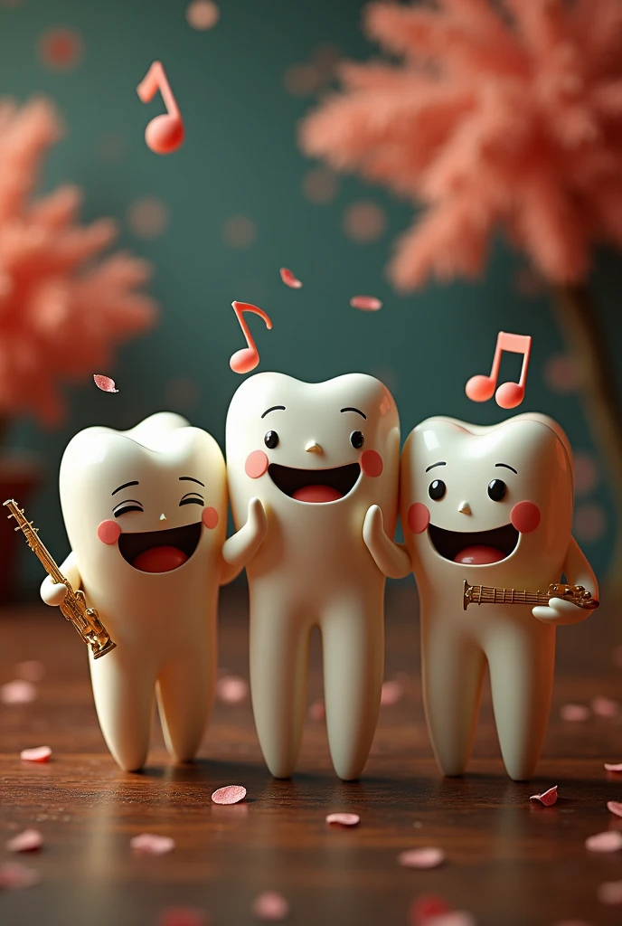 A group of three smiley tooth with musical instruments with a beautiful cinematic background