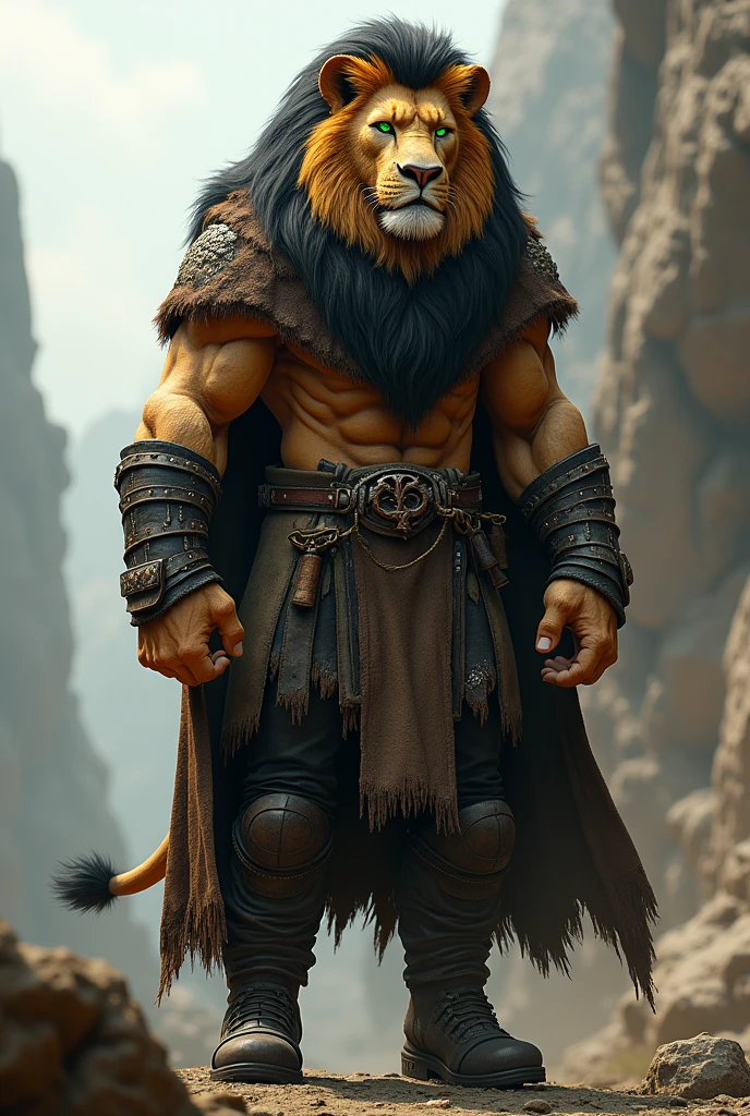 (photorealism:1.2), Tall muscular but slim anthropomorphic lion with golden brown fur black mane green eyes with a scar over the left eye and cheek wearing a brown hooded cloak black pants and black boots