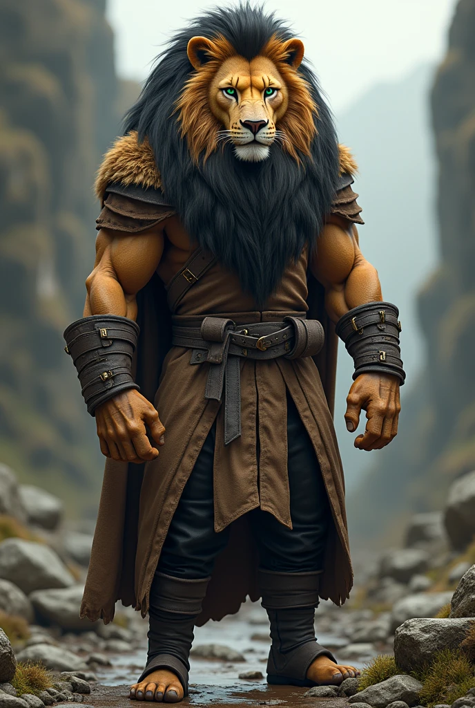 (photorealism:1.2), Tall muscular but slim anthropomorphic lion with golden brown fur black mane green eyes with a scar over the left eye and cheek wearing a brown hooded cloak black pants and black boots