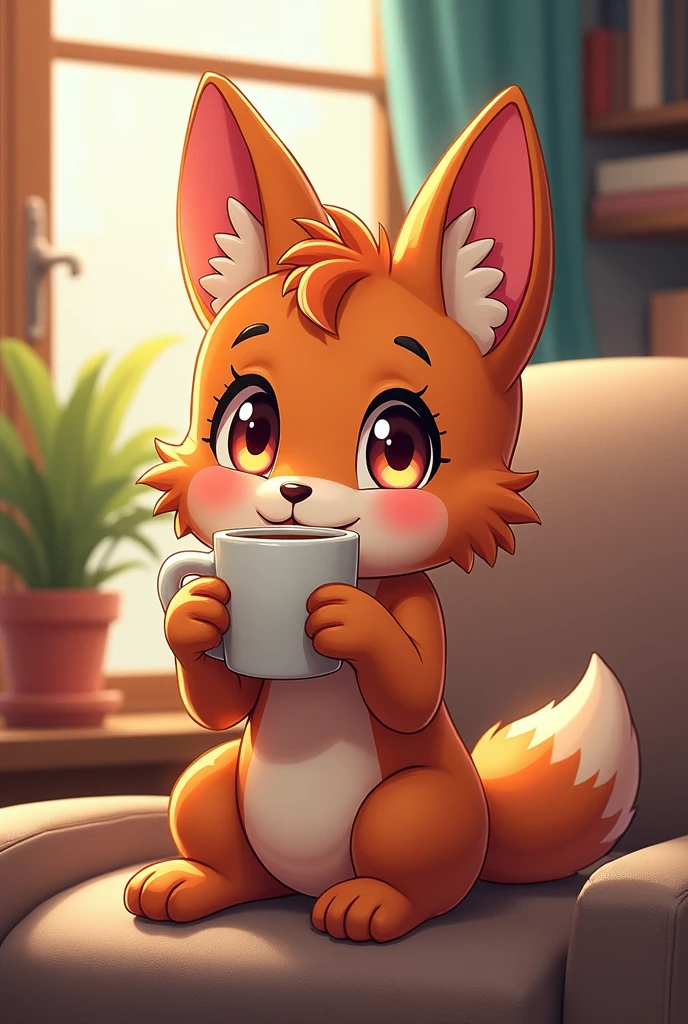 A furry fan art illustration of an anthropomorphic character drinking a cup of coffee, in 2.5D art with vibrant colors 