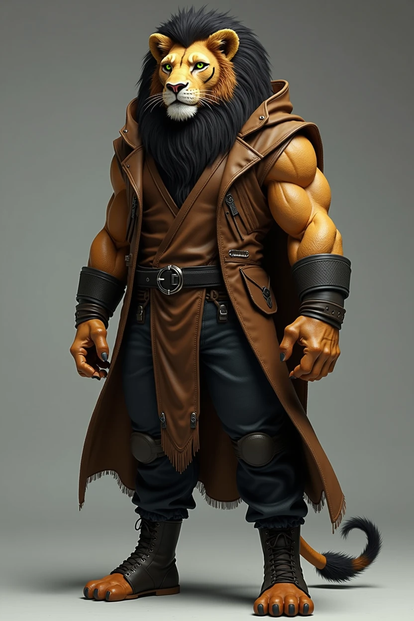 (photorealism:1.2), Tall slim muscular anthropomorphic lion with golden brown fur black mane green eyes with a scar over the left eye and cheek wearing a brown hooded cloak black pants and black boots