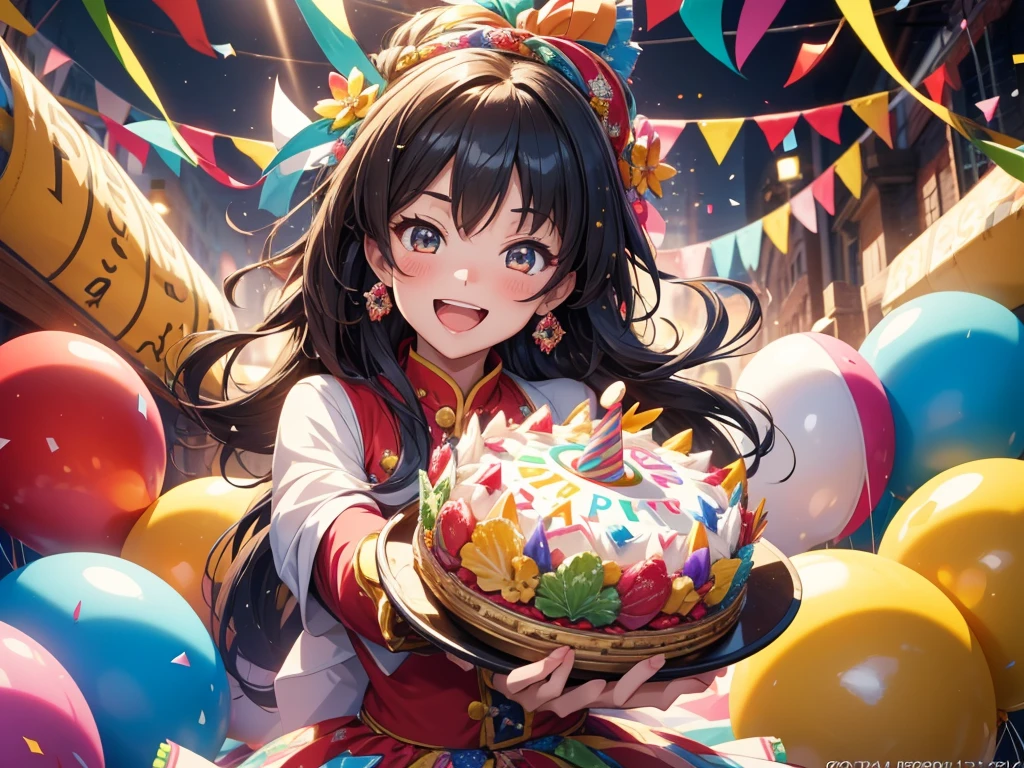 Create a high-resolution, original anime-style artwork featuring a joyful girl celebrating a special occasion with a lively, festive atmosphere. The focus should be on her large, intricate eyes that shimmer with happiness and excitement, capturing her contagious expression. She is slightly distanced from the camera, with her hands subtly out of view to maintain the attention on her expressive face. The background is a vibrant celebration scene filled with colorful confetti, streamers, balloons, and a birthday cake, with a man and woman happily enjoying the moment together. The entire scene radiates joy, laughter, and the warmth of a birthday celebration in a beautifully detailed, dynamic setting.