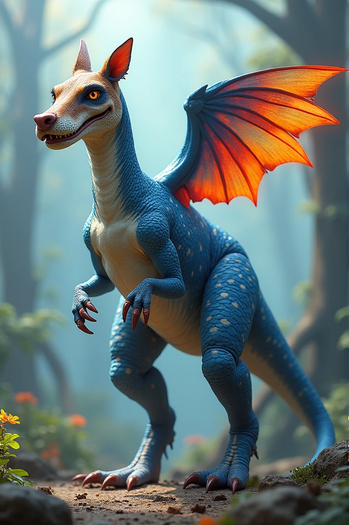 A BLUE T REX WITH WHITE SPOTTING , WITH A DOG'S HEAD , WITH BEAK AND WITH MULTICOLOR WINGS