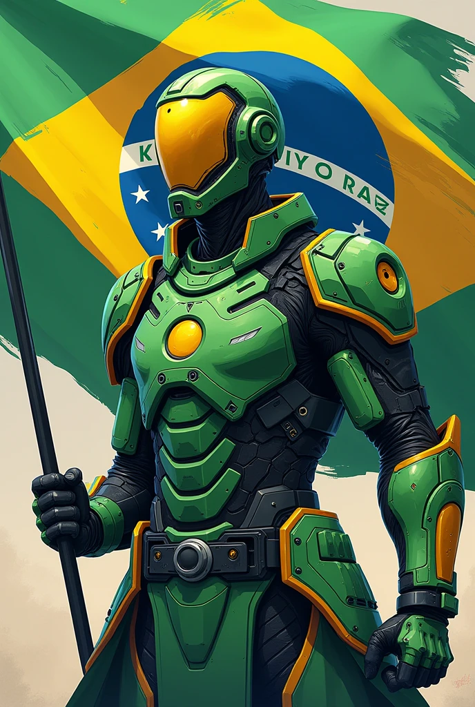 naughty man, hero with technology armor the color of Brazil,cybernetics, green samurai, Brazilian Hero, with yellow details, holding brazilian flag anime style