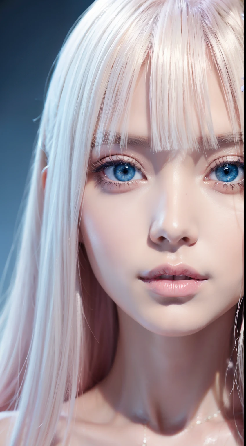 Beautiful girl with super long light pink platinum blonde hair、Bangs between the eyes、Tabletop, Highest quality, figure, Very detailed, In detail, High resolution, 8k wallpaper, Perfect dynamic composition, Beautifully detailed bright sparkling pale sky blue eyes,Very large eyes、 Women&#39;s Fashion Summer,Super long hair,Huge boobs、Natural color lip, Bold sexy pose,,cute、20-year-old girl、Beautiful girl with a small face、sexy shot looking at camera、Cheek gloss highlighter