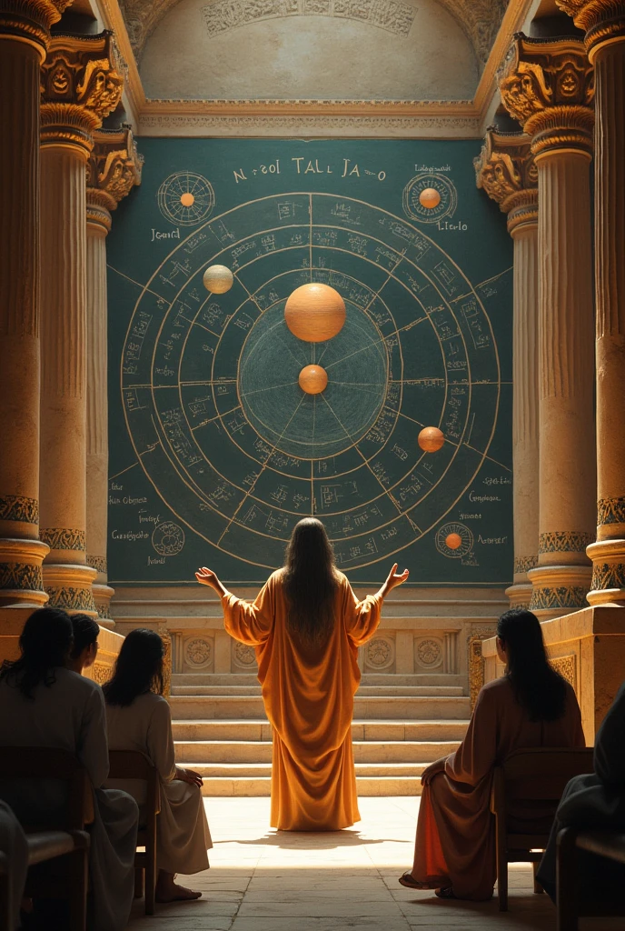 Hypatia teaching astronomy in the Library of Alexandria, with a large chalkboard displaying algebraic equations and an astronomical model of the solar system. The setting reflects the ancient Egyptian influence with grand columns and scrolls."