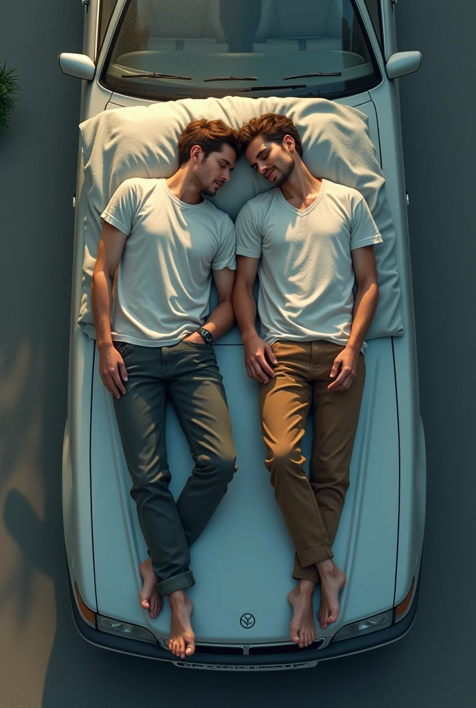 Two man sleeping on car bonut 
