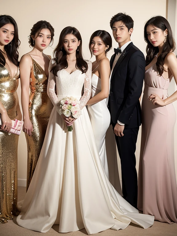 realistic, Long shot, 4K, Highly detailed, High quality, Portrait of a man(24 years old) In a suit(in the middle) and 4 girls in luxury dresses, stand, Perfectly proportioned, intimate, loved one, close together, perfect anatomy, perfect background, perfect face, perfect body, detailed face, Look at the camera, luxurious background