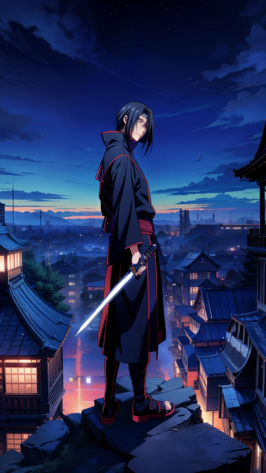 a person standing on top of a building with a sword, itachi, itachi uchiha, top 25 fantasy anime series, hd anime wallpaper, anime hd wallpaper, ultra hd anime wallpaper, anime”, samurai jedi, portrait of ninja slayer, aragorn in an anime world, holding a black katana, anime key visual”, anime hd, anime background, 4k professional painting, game, detailed key anime art, illustation, a beautiful artwork illustration, beautiful digital painting, highly detailed digital painting, beautiful digital artwork, detailed painting 4 k, very detailed digital painting, rich picturesque colors, gorgeous digital painting(well defined mouth eyes and nose)