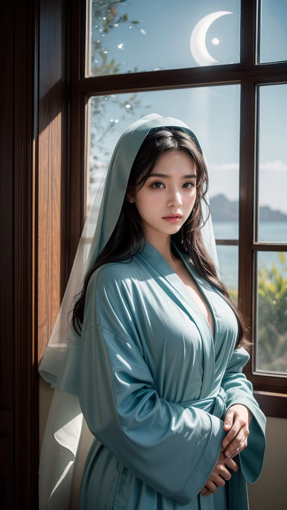 Mother of Jesus, Black hair and green eyes, Light brown skin, Wearing a light blue robe, And the sky blue veil, A calm expression that brings peace (whole body) Near the window, Lit by moonlight (Grand and realistic)