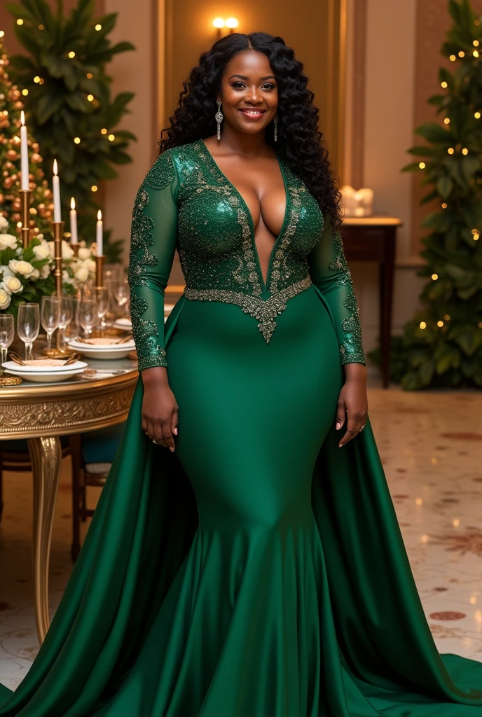 fait moi l'image d'une femme ronde noire de 21 ans portant magnifique robe de soirée longue manches verte 4xl verte la robe est courte avec des brillant sir les manches ... avec des passion twist long sur la tête (longeur 32) ... dans une salle de fête propose des accessoire sur elle