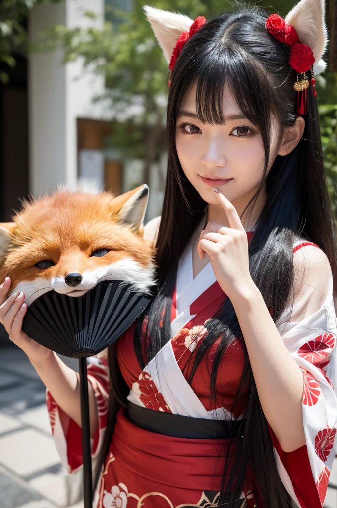 Ultra-realistic capture, Highly detailed, High resolution 16k close-up of human skin. Skin texture must be natural, With such detail that pores can be finely identified, Skin should look healthy, In a uniform tone, Use natural light and color, photo realistic, Full Body Shot, full body, girl wearing a black and red costume holding a fan and a japaneese fox mask, with kitsune mask, wearing a japaneese kitsune mask, japaneese fox mask on head, kitsune mask, japaneese, anime cosplay, kitsune, yukata clothing a beautiful