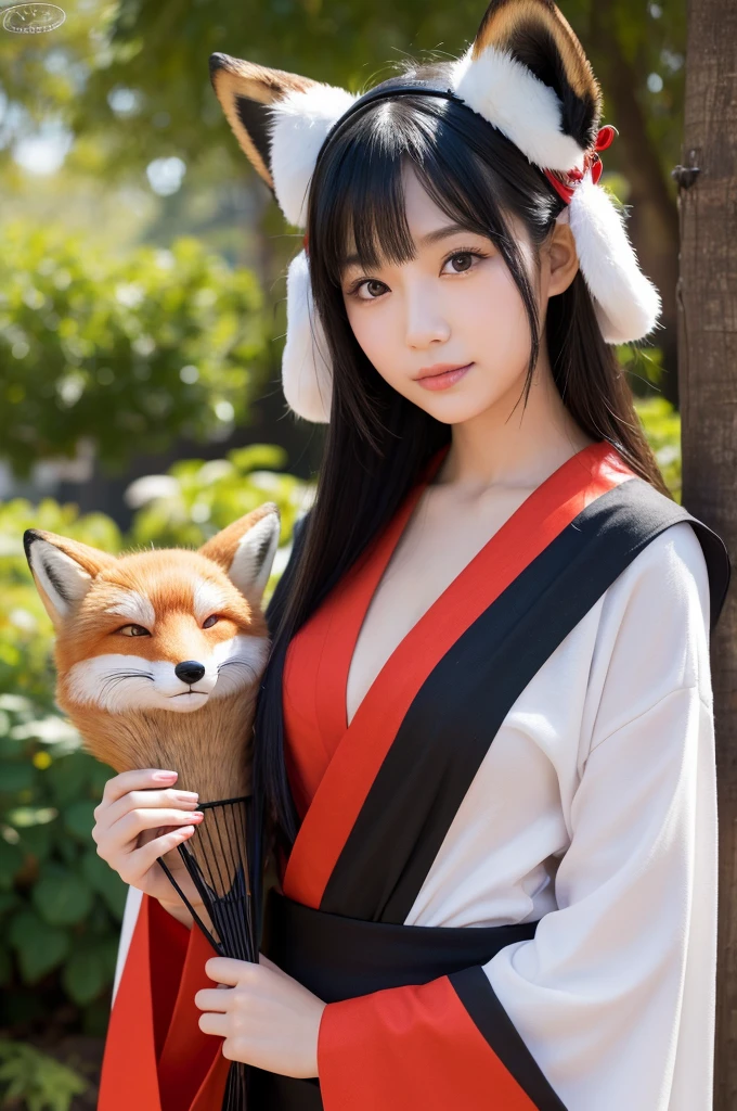 Ultra-realistic capture, Highly detailed, High resolution 16k close-up of human skin. Skin texture must be natural, With such detail that pores can be finely identified, Skin should look healthy, In a uniform tone, Use natural light and color, photo realistic, Full Body Shot, full body, girl wearing a black and red costume holding a fan and a japaneese fox mask, with kitsune mask, wearing a japaneese kitsune mask, japaneese fox mask on head, kitsune mask, japaneese, anime cosplay, kitsune, yukata clothing a beautiful