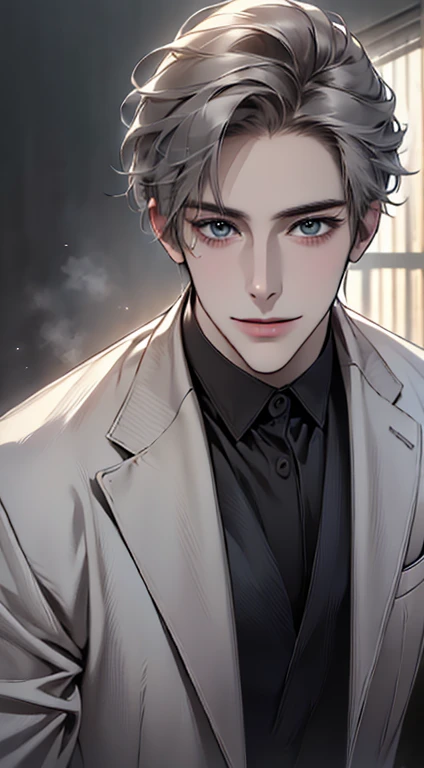 (best quality,4k,8k,highres,masterpiece:1.2),ultra-detailed,(realistic,photorealistic,photo-realistic:1.37),1 man,31 years old,mature man,very handsome,without expression,smile,short grey hair,blue eyes,penetrating gaze,perfect face without errors,imposing posture,businessman,office background,cinematic lighting,hdr image