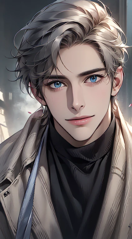 (best quality,4k,8k,highres,masterpiece:1.2),ultra-detailed,(realistic,photorealistic,photo-realistic:1.37),1 man,31 years old,mature man,very handsome,without expression,smile,short grey hair,blue eyes,penetrating gaze,perfect face without errors,imposing posture,businessman,office background,cinematic lighting,hdr image
