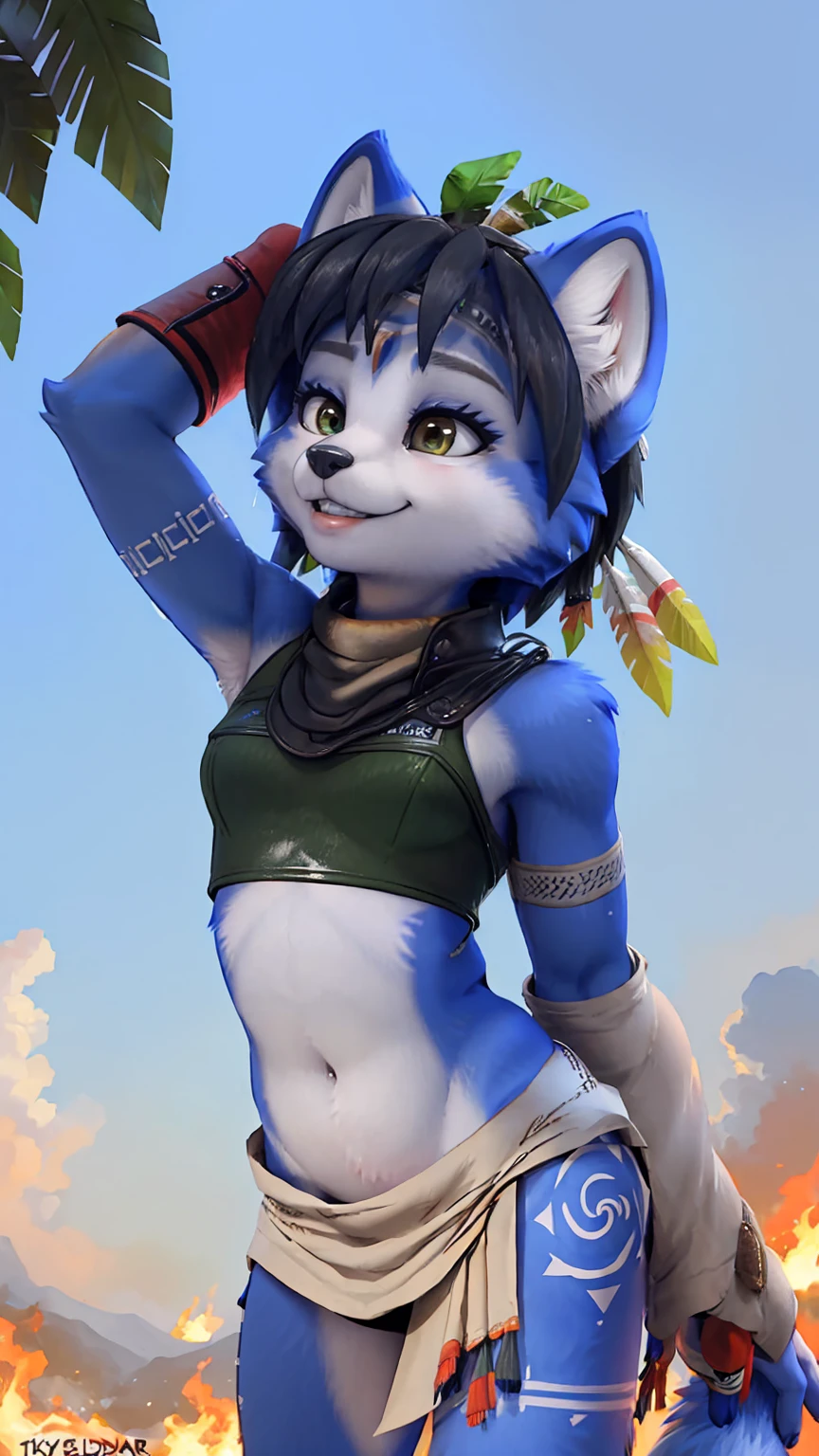 A beautiful and detailed (sweet picture) wa ((krystal)), Star Fox Krystal, sslim, lovable, green eyes, medium breasts, (((Long blue hair 1.3))),  ((Tips for black hair)), Decollete, grin, look up,, anthro, furry, Uploaded E621, detailed fluffy fur, (wa Fluff-Kevlar, Bayard Wu, personalize me, Pino Daeni), detailed face, (fluffy), 1 girl, alone, (((Tribal clothing:1.3))), ((leather breastplate)), sweet girl, alone,
