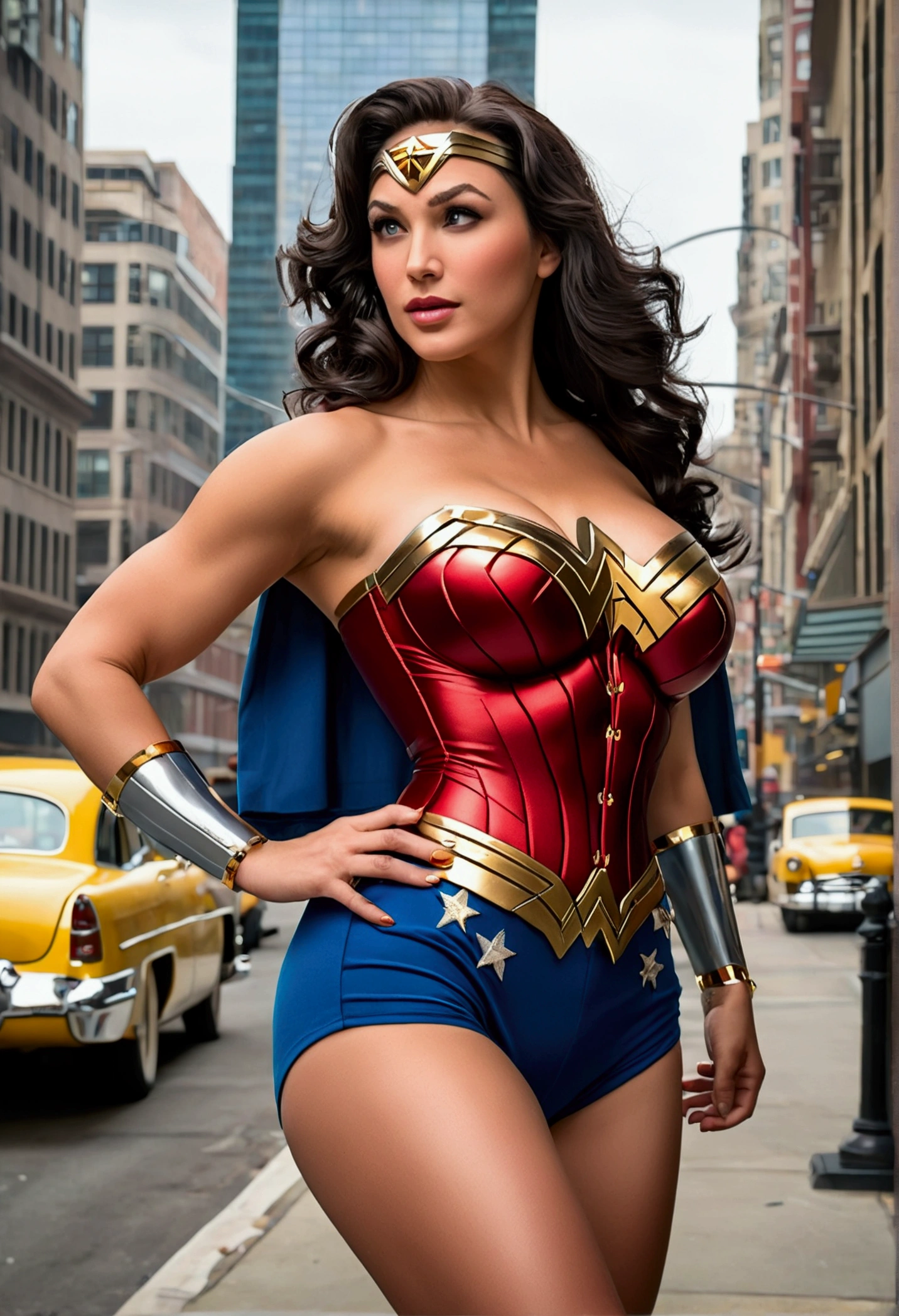 Realistic, classic comic-style Wonder Woman, her voluptuous figure accentuated by her iconic red, blue, and gold costume. Her ample bosom is barely contained by her star-spangled bustier, the fabric stretching tautly over her generous breasts, which are perched high and proud, with voluminous cleavage that demands attention. Her broad, powerful shoulders lead to a cinched waist, emphasizing the dramatic curve of her exaggerated hourglass figure. Below her waist, a pair of tight-fitting, high-cut shorts hug her shapely hips and showcase her massive, round buttocks. The shorts are so snug that they create a wedgie, revealing a hint of the red fabric that lies beneath, which matches her heroic top. The scene is set in a retro, 1940s-inspired cityscape with vibrant colors that pop against the stark, bold lines of the illustration. The background is filled with the chaos of a bustling metropolis, complete with vintage cars, skyscrapers, and pedestrians in awe of the Amazonian warrior. She stands tall and confident, one hand on her hip, the other gripping her golden lasso, which drapes over her shoulder and down her back, highlighting her incredible physique. Her golden belt is cinched tightly around her midriff, drawing the eye to the tantalizing gap between her thighs. Her legs are long, muscular, and unblemished, ending in a pair of sturdy red boots that come up to mid-thigh, which show off her shapely calves. Her dark hair flows freely in the wind, framing her beautiful face, which is filled with determination and a touch of sass. The iconic eagle-emblazoned bustier is adorned with metal studs that glisten in the artificial light, and her gold bracelets gleam as they clasp around her wrists. Her eyes are piercing, a brilliant blue that seems to bore into the soul of the beholder. overall look is a blend of old-school comic charm and modern sex appeal, bringing the legendary heroine to life in a way that's both familiar.,(Big tits:1.5), big bust ,  big butt, big ass
