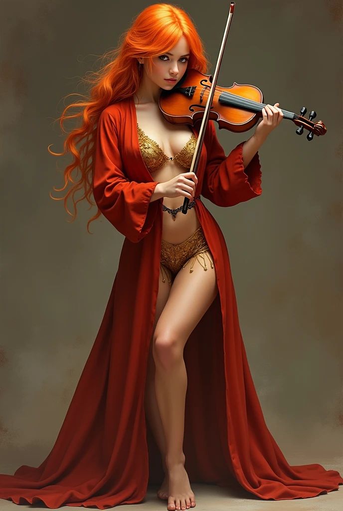 Jeune fille gros seins assise en robe violine cheveux orange long 