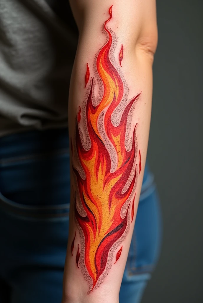 Create a stippling tattoo of flames on the forearm