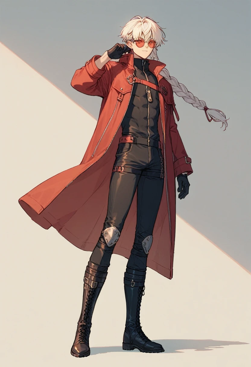 human Male  ,Clear Skin , round Red Sun Glasses , white hair,long braided ,zip Red Coat  , Black Gloves  , Black boots , Full body 