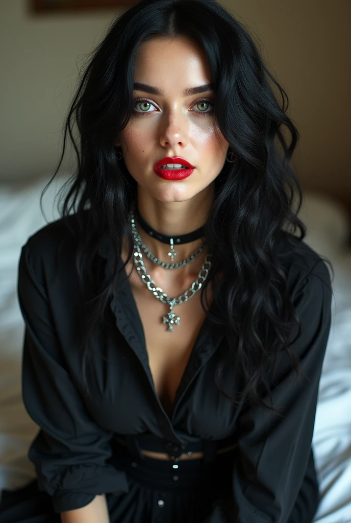 Waist length portrait, Sharp images, clear photo, hyper-detailed, photorealistic texture shot, 8K HD, 20 years old woman, she has very black wavy hair, she wears gothic style clothing with black woven skirt and shirt, plus a silver chain necklace with a ruby, interesting and complicated construction, she has cross-shaped earrings, face without makeup, lips marked with red lipstick, flirtatious look, white tees, big and bold black eyes, soft and bold black eye shadows, huge eyelashes, beautiful dark green eyes, beautiful teeth, hyperrealism, very elaborate skin, very detailed, realistic photo, 32k, uhd, hdr background, details, on her bed in the bedroom