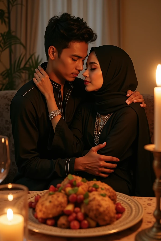 Hijabi fatima al zarah sitting on the lap of a Muslim boy , woman is wearing black Kurtis and many jewelleries, service chicken, candel light dinner