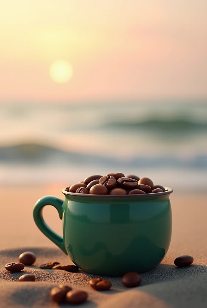 Small Green cup beach coffee beans 5 sunrise calm