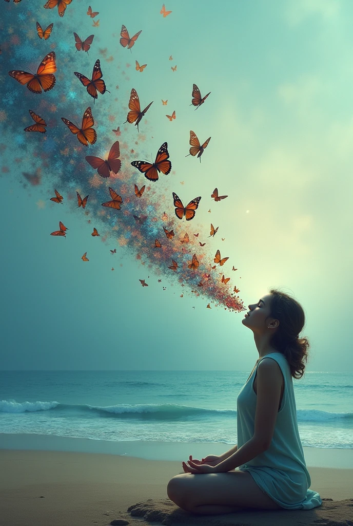 A person facing the sea with butterflies coming out of their mouth