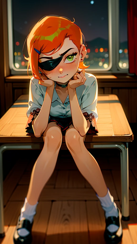(Masterpiece), best quality, Very detailed, 1 girl (Gwendolin_Tennyson, gigantic bust,  choker, orange hair, short hair, green eyes, Half blindfolded.),evil face, Mascara, full makeup, dark eyeshadow, red lipstick, Beaming , Chapped lips, nose Blush, Blush, Facing the audience, look at viewer, alone,white shirt, rift, 
Red lace underwear , pleated skirt(Black pattern),pink skirt, ultra mini skirt, red lace panties,Loose socks, in the classroom, night time, , sit,  sit on desk, Spread your legs, Come quickly, mule,, Teasing sexy waist,  , full body , from_below 