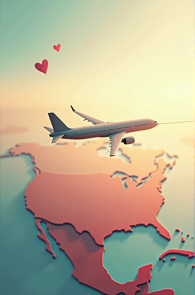 A geographic image between the country of the United States and Guatemala joined by a dotted line with a plane flying over this line and heart and romantic backgrounds