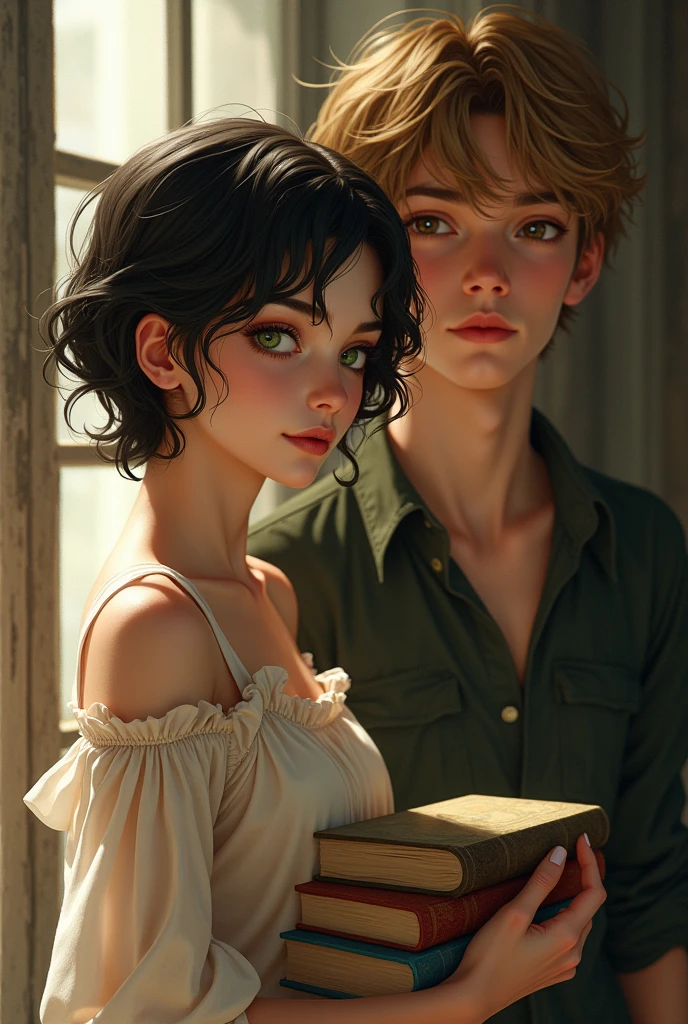 A brunette girl with green eyes, short and fair-skinned, looking straight ahead with books in her hands. Behind her, a boy with a mature appearance, brown eyes, light brown hair, and slightly long hair, just reaching his ears, looking at her sensually. 