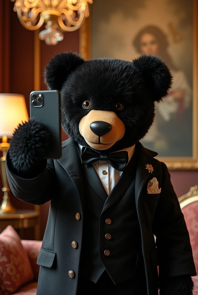 A black teddy bear taking a posh selfie